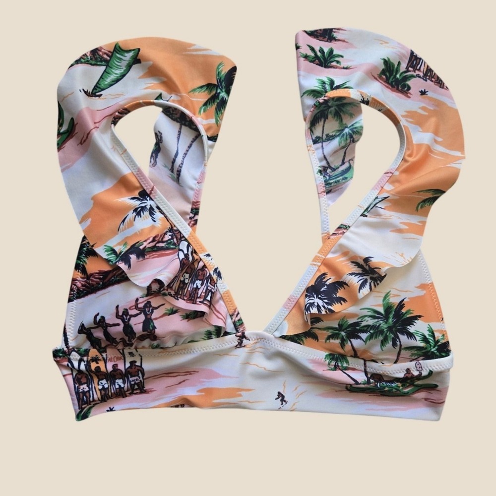 Aerie Triangle Ruffle Bikini Top Tropical Beach Print Size Medium